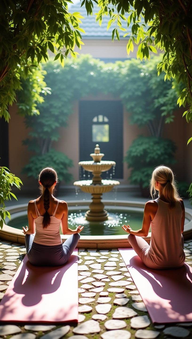 Γυναίκα που εκτελεί μια στάση γιόγκα με φόντο τον ελαιώνα.