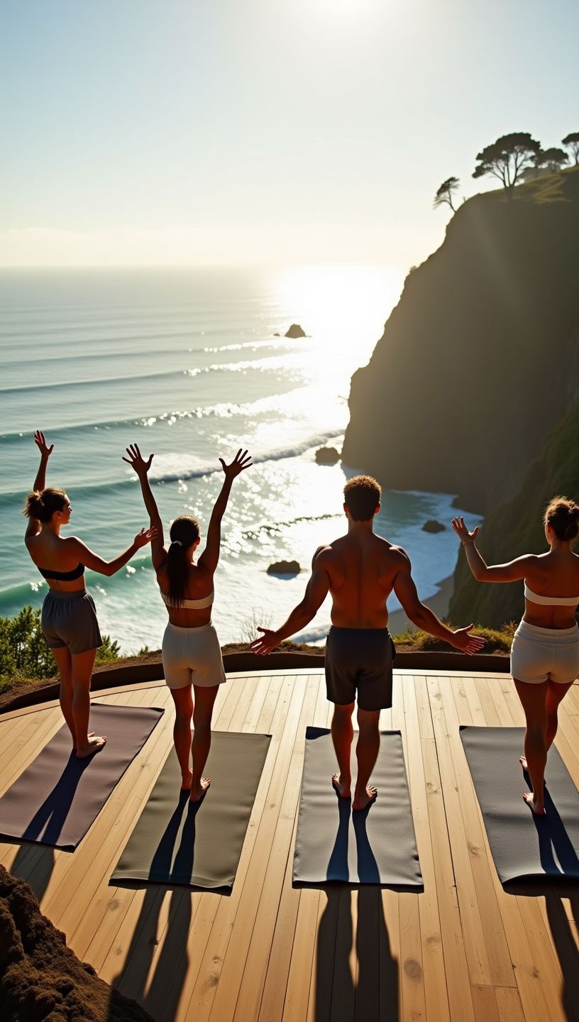 Ομάδα ατόμων που συμμετέχουν σε μάθημα γιόγκα σε φυσικό τοπίο.