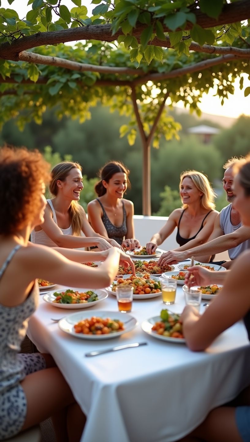 Αυτή η εικόνα απεικονίζει μια ομάδα ανθρώπων που ασκούνται σε γιόγκα δίπλα στη θάλασσα με φόντο το ηλιοβασίλεμα.